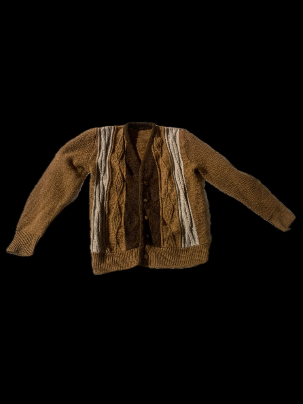 Vintage 70s Cable Knit Cardigan Brown Camel Cream Striped Sweater
